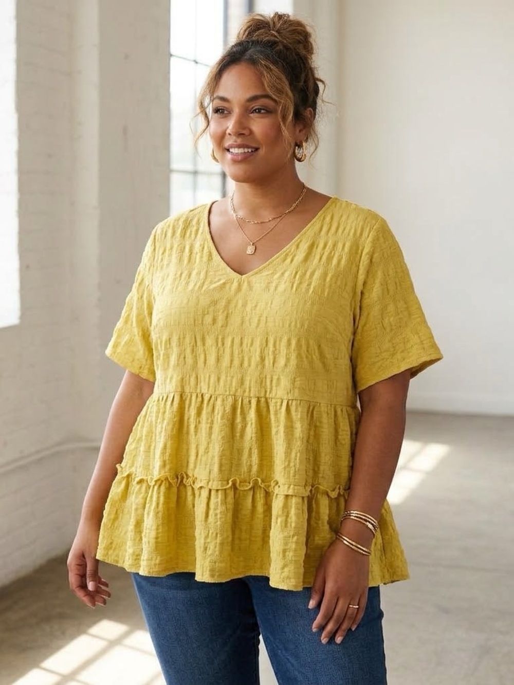 V-Neck Tiered Peplum Tunic in Mustard Yellow